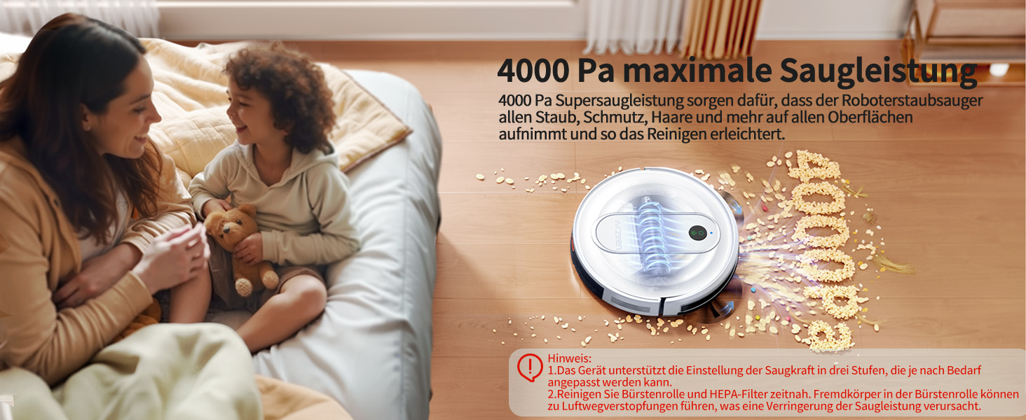 Робот-пилосос Airzeen J10 з функцією миття, 4000Pa, керування через додаток, для твердих підлог, видаляє шерсть тварин, білий