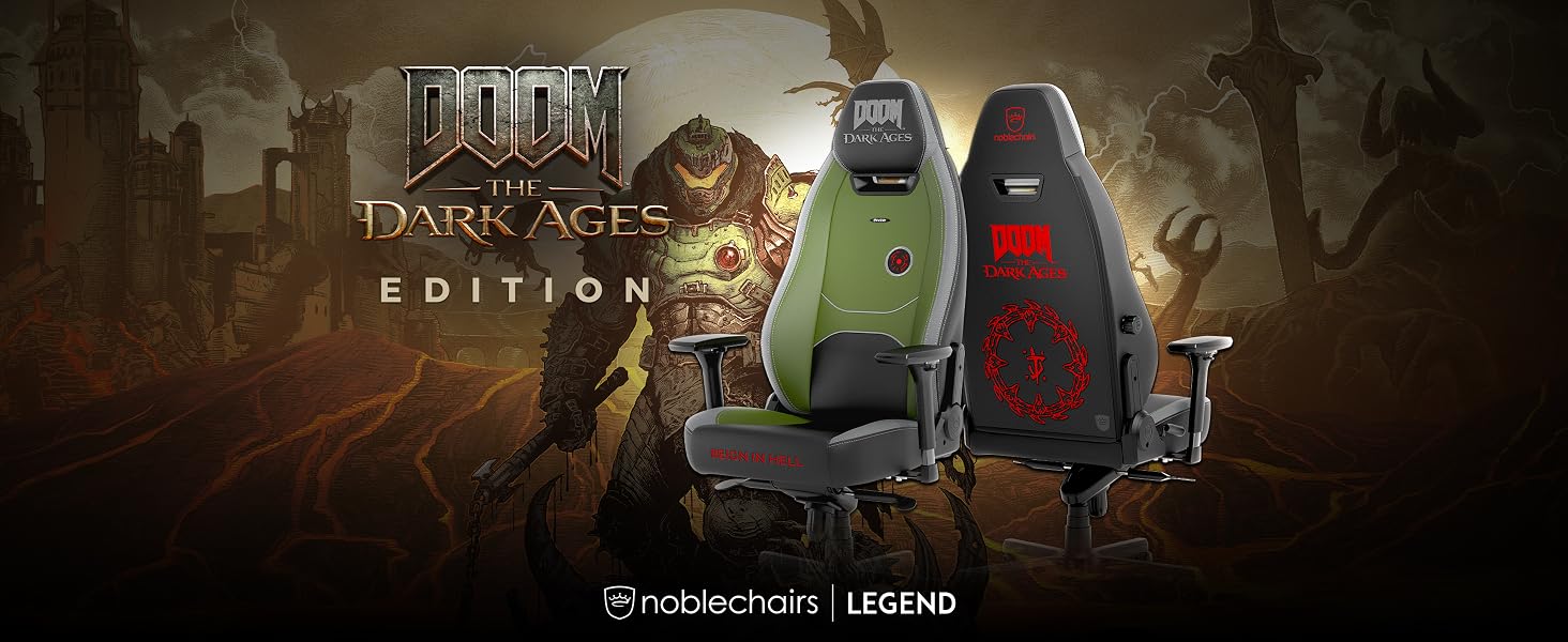 Ігрове крісло noblechairs Legend Doom: The Dark Ages Edition — ергономічний офісний стілець з підтримкою попереку, 4D-підлокітниками та шкіряним покриттям PU, до 150 кг