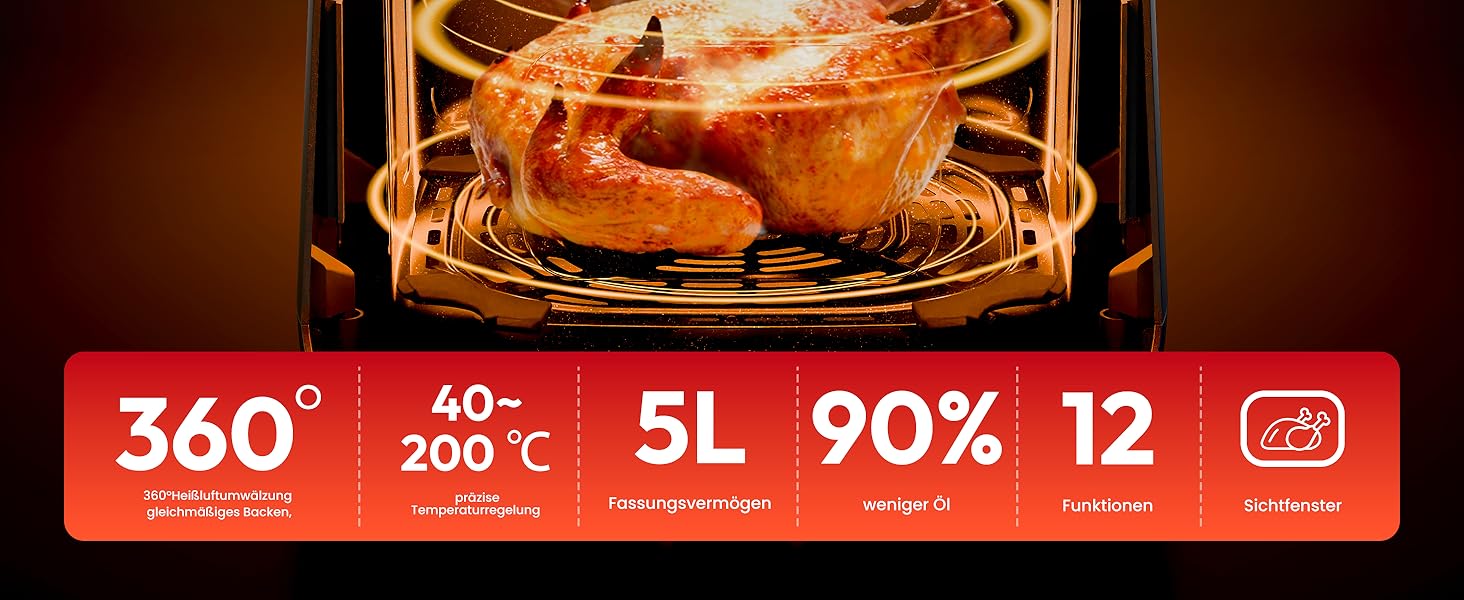 Фритюрниця без олії, 5 л, для 3-5 осіб, ідеальна для любителів м'яса, з регулюванням температури та таймером 24 год, тиха, з антипригарним кошиком та крихкою платформою, зелено-чорна