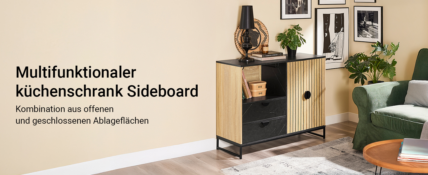 Кухонна шафа SoBuy з мікрохвильовою печкою, буфет, комод, шафа для мікрохвильової печі, багатофункціональна шафа для кухні та вітальні, дуб-чорний, 107×40×85 см, FSB103-N