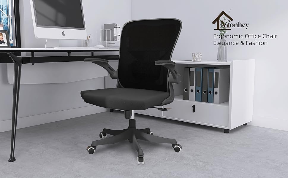 Офісний крісло Monhey з регулюванням висоти, поворотне, з відкидними підлокітниками, дихаюча сітка, регульована підголовник та інтелектуальна підтримка попереку – для дому та офісу (чорний)
