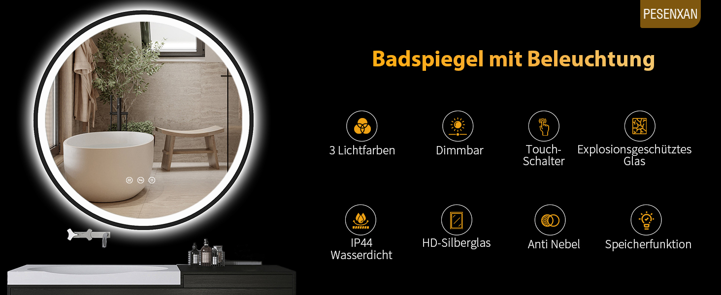 Дзеркало кругле PESENXAN 70см з підсвічуванням та чорним каркасом. Антизапарник, регулювання яскравості, 3 кольори світла, LED, сенсорне управління, функція пам'яті. Розміри: 70x70 см