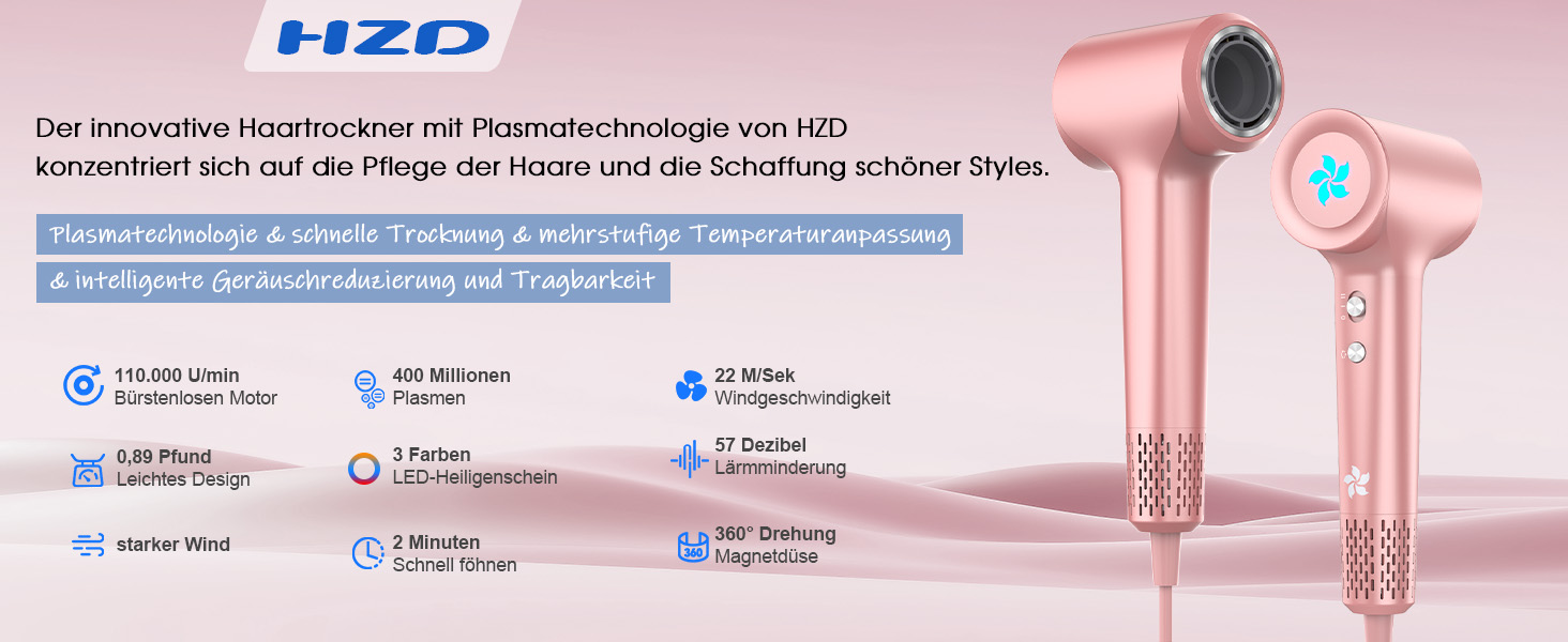 Професійний фен для волосся з дифузором та плазмою (400 млн іонів), безщітковий мотор 110 000 об/хв, низький рівень шуму 57дБ, Rose Gold