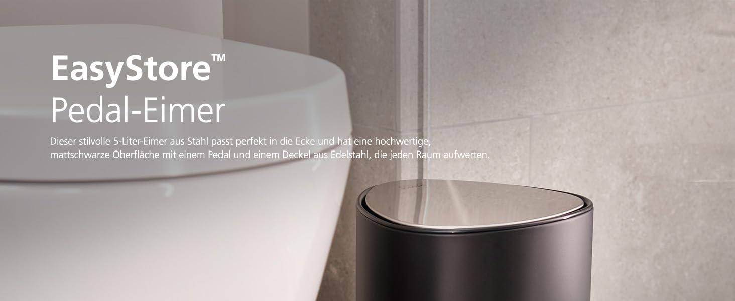 Сміттєве відро Joseph Joseph EasyStore Luxe 5л з нержавіючої сталі, з автоматичним закриттям кришки, знімним внутрішнім відром, для ванної, спальні, офісу (Чорний)