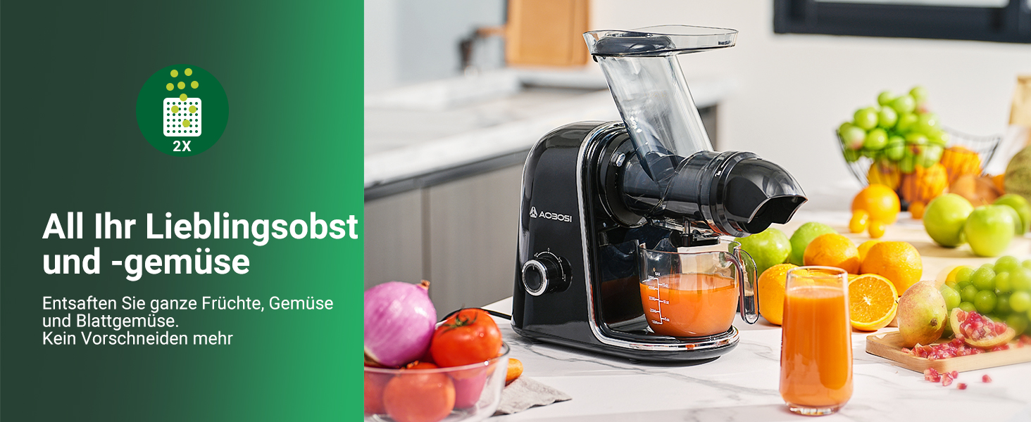 Електричний соковитискач AOBOSI Slow Juicer з 2 швидкостями - для овочів та фруктів, з 8-ступеневою шнековою системою, щіткою для очищення та 2 чашами, функція реверсу