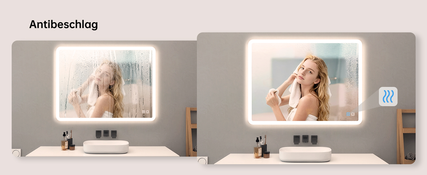 Дзеркало для ванної кімнати MIQU LED 60x50 см з підсвічуванням, тепле/холодне світло, регулювання яскравості, антизапар, прямокутна форма