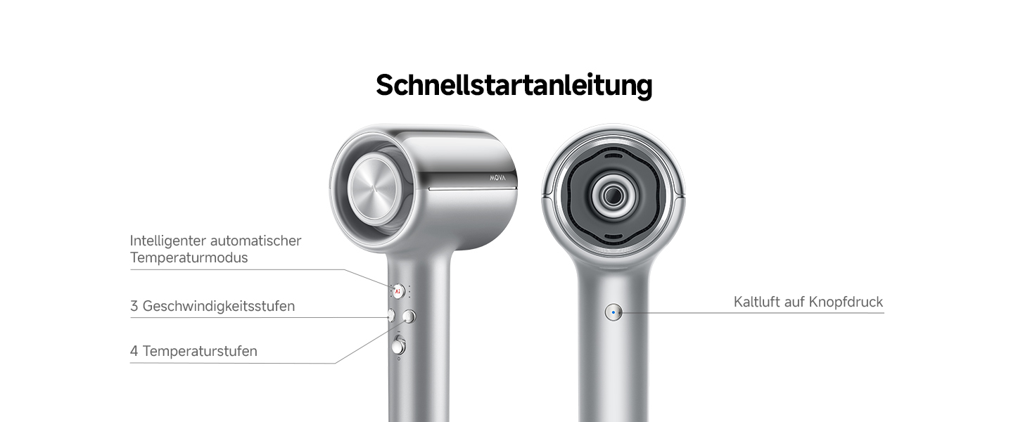 Фен для волосся MOVA Shine 20 з дифузором, високошвидкісним мотором та плазмою для догляду, NTC-контролем температури, сріблястий