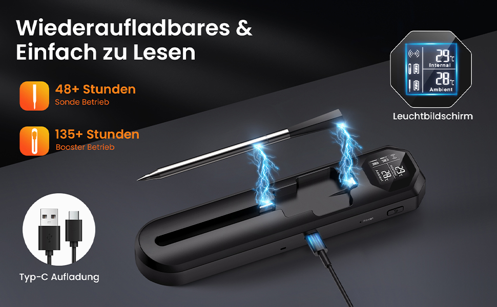 Бездротовий термометр для м'яса Maxtachі з Bluetooth, IP67, 150м, для гриля, BBQ, духовки, коптильні, ротисерії, чорний