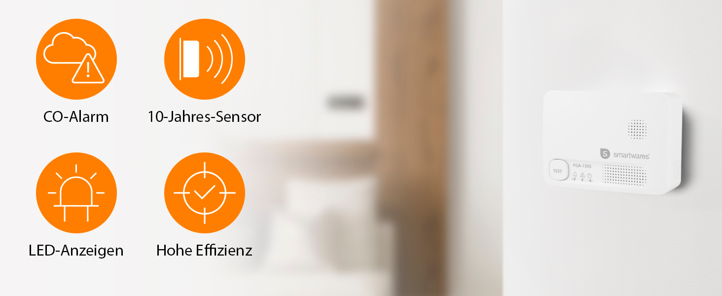 Виявлювач чадного газу Smartwares FGA-13051 з датчиком на 10 років, кнопка тестування, LED-індикатори