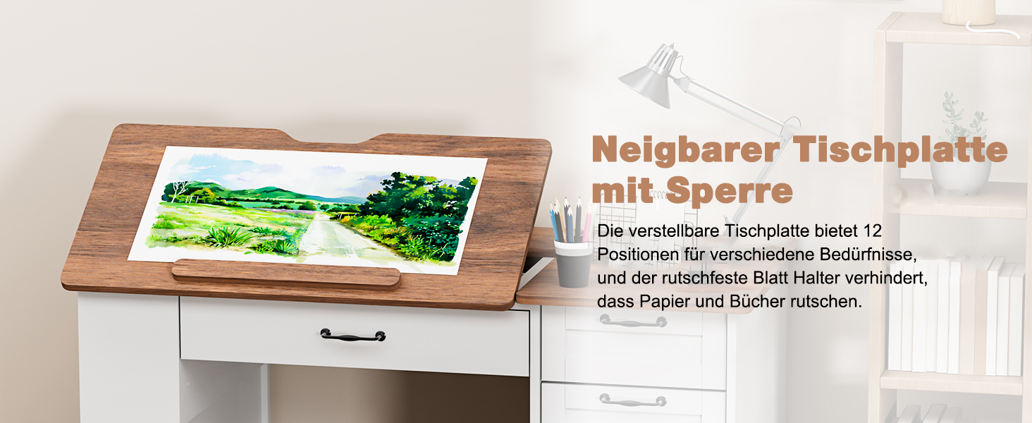 Регульований стіл для малювання AeasyG з 3 ящиками та 3-рівневими полицями, стійка конструкція з МДФ (50 кг вантажопідйомність) для художників та домашнього офісу, кут нахилу 0-80°, 60x120x76 см, білий