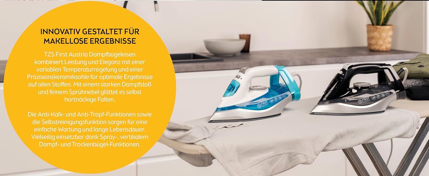 Пароочисник TZS First Austria I 2290-2720W | Керамічна підошва, Самоочищення, Вертикальна пара, Anti-Kalk, Сухе прасування, 0,3л резервуар, 1,2 кг, Чорний/Білий