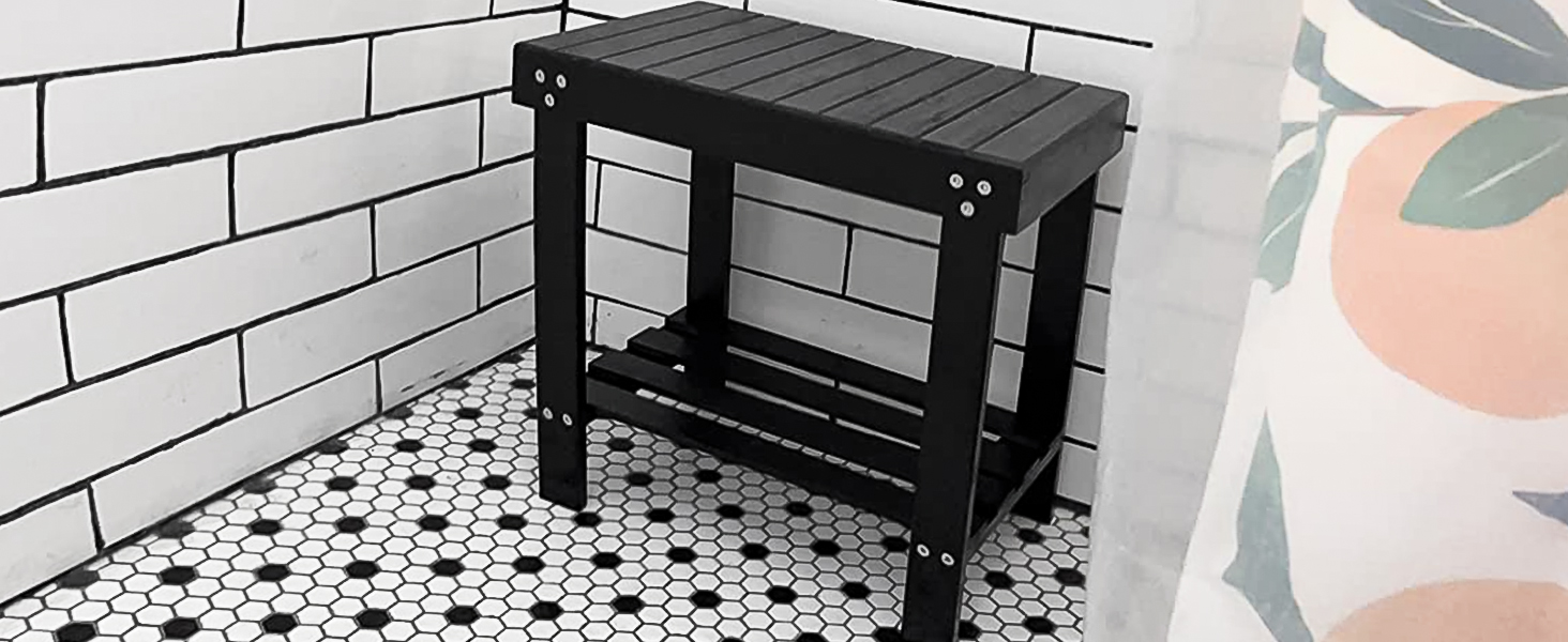 Банкетка для ванної кімнати VaeFae з бамбука, табурет для гоління з підставкою для ніг та полицею для аксесуарів, чорний колір