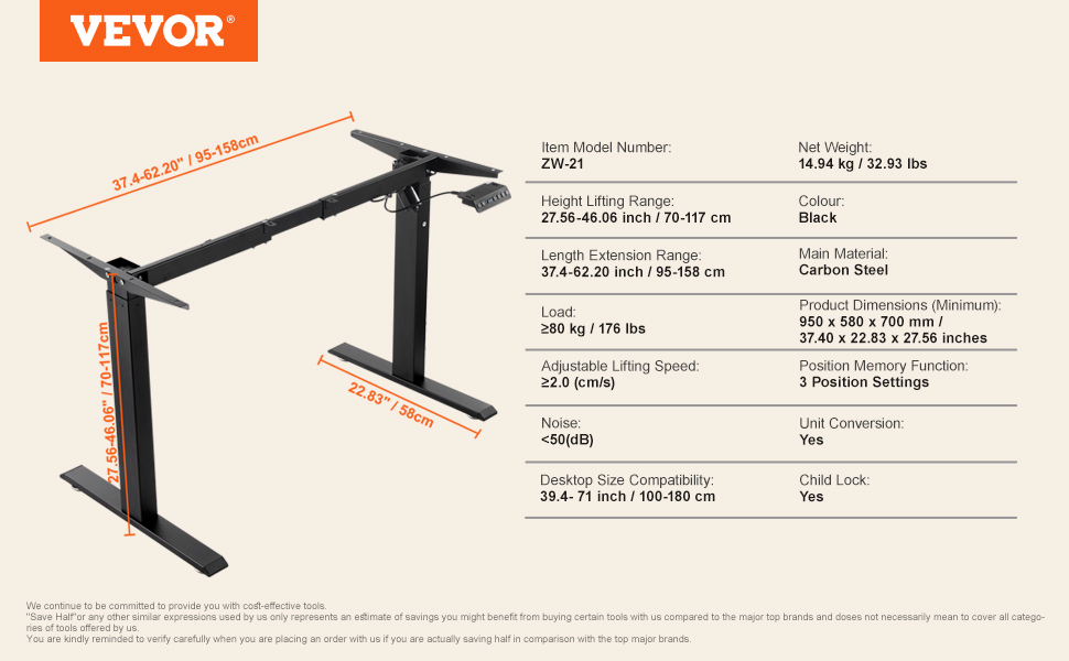 Електричний стіл VEVOR з двома моторами, регулювання висоти 65-129 см та довжини 110-178 см, чорний, для офісу та дому
