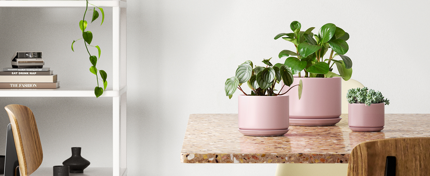 Набір горщиків для квітів LE TAUCI (3 шт.) з кераміки, діаметр 11, 13, 17 см, з підставками та дренажними отворами, реактивна глазур, бежево-рожевий