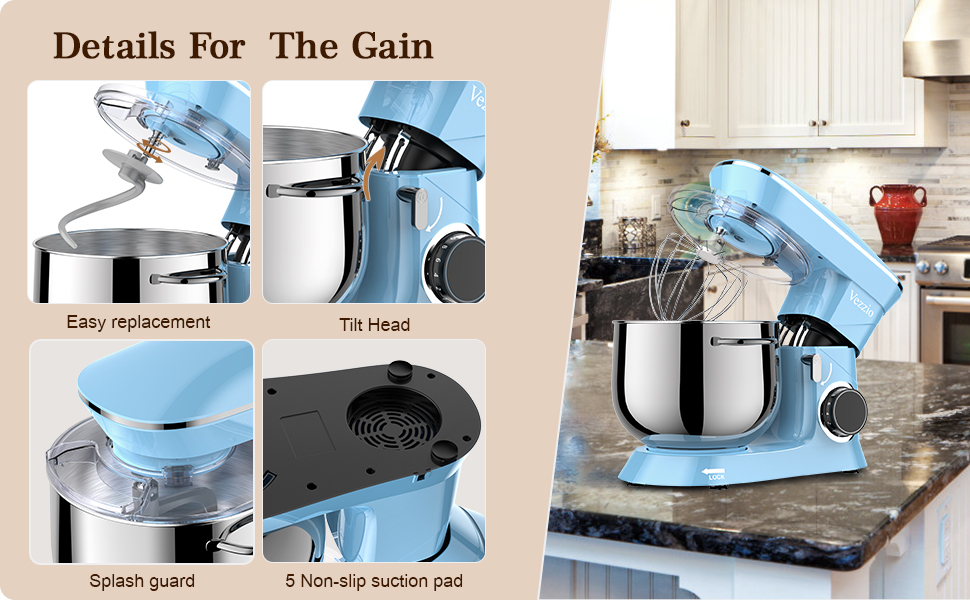 Кухонна машина Vezzio 1500W з чашею 8.5L з нержавіючої сталі, 10 швидкостей, для замішування та збивання тіста, з набором насадок (Синій)
