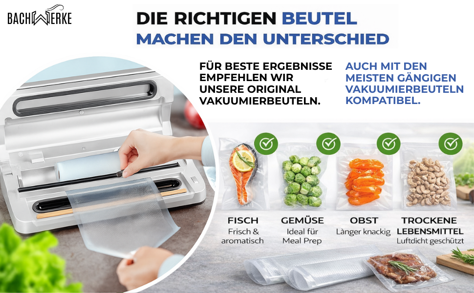 Вакууматор для продуктів BACHWERKE з рулоном та 10 пакетами, ширина шва 32 см, вакуумна машина для зберігання їжі, срібляста