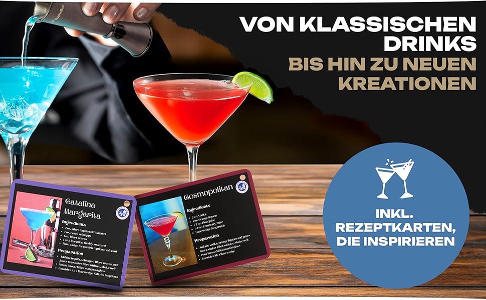 Набір для коктейлів, 8 предметів, нержавіюча сталь, з шейкером, стрейнером, ложкою, рецептами та аксесуарами – ідеальний барний набір для дому, вечірок та як подарунок
