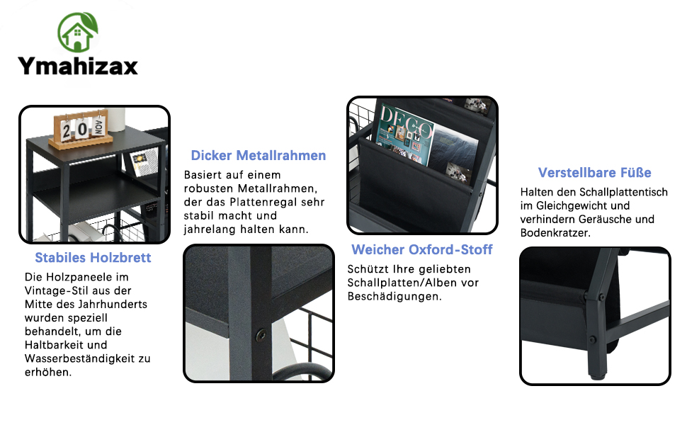 Стійка для програвача вінілу з 3-ярусним зберіганням для 200 альбомів, металевий каркас, CD та Record шафа, стійка для програвача та дерев'яна шафа для платівок для вітальні, кімнати відпочинку