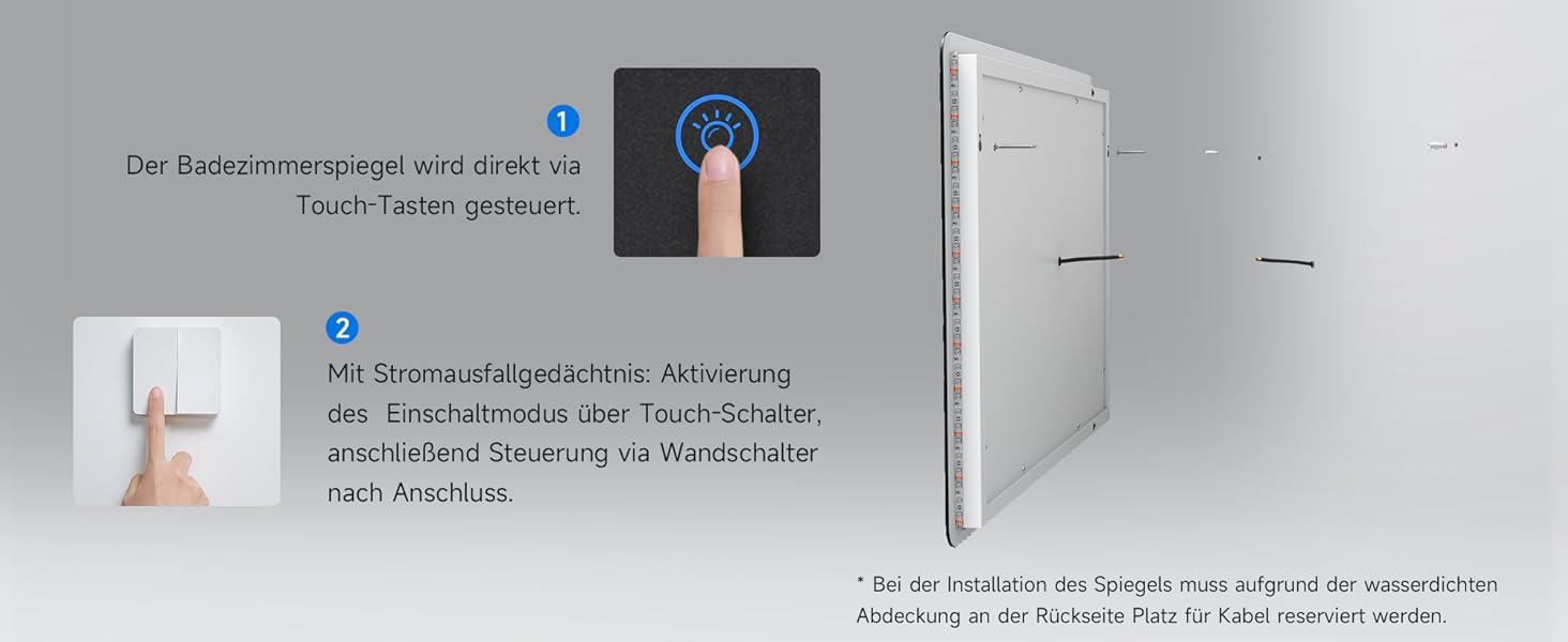 Дзеркало для ванної кімнати SONNI з підсвічуванням 80x60 см, 3 кольори світла, проти запотівання, LED, сенсорне керування, годинник, температура, 3-кратне збільшення