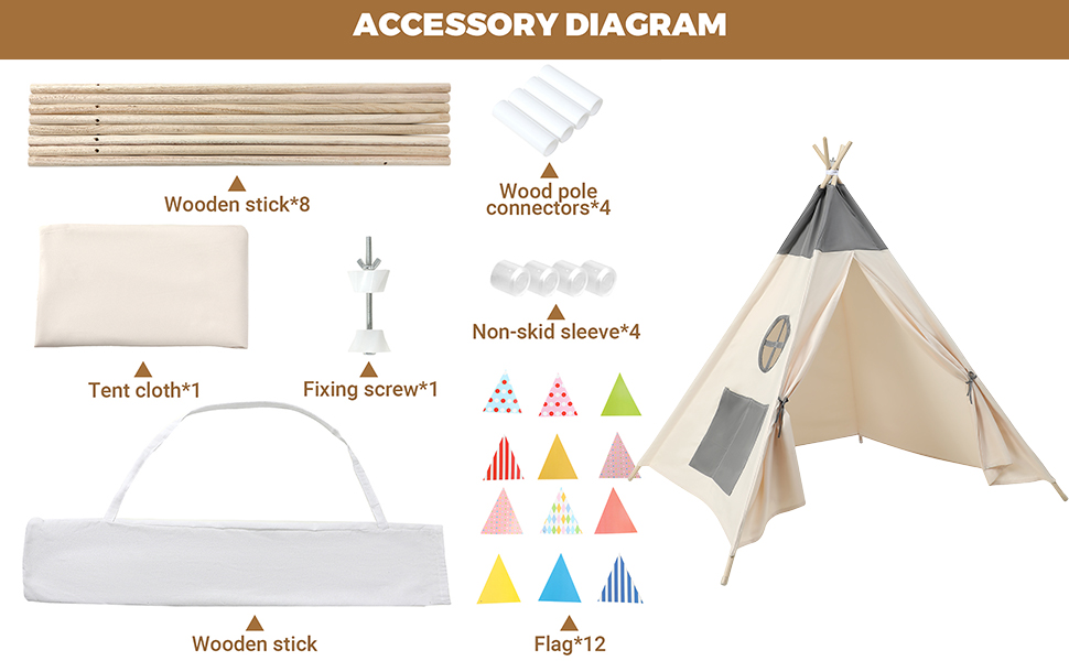 Kinder Tipi Zelt - класичне індіанське намет для дітей, бавовняний намет для дівчаток та хлопчиків з сумкою, складане ігрове будиночок для дому та на вулицю