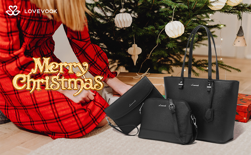 LOVEVOOK Набір сумок для жінок: 3 шт. (шопер, сумка на плече, сумка з ручкою) для подорожей, бізнесу, покупок. Чорний колір, срібна фурнітура