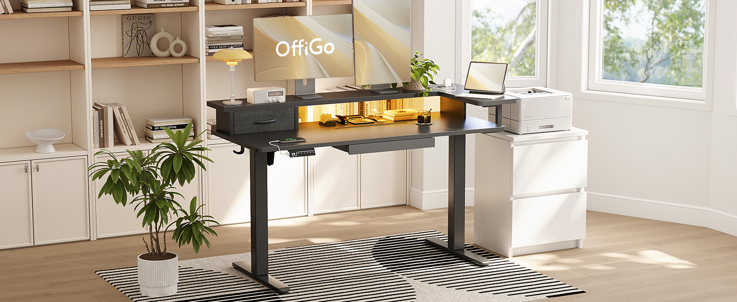 Регульований стіл OffiGo 140x60 см з L-подкоркой, USB-роз'ємом та висувною шухлядою. Чорний колір.