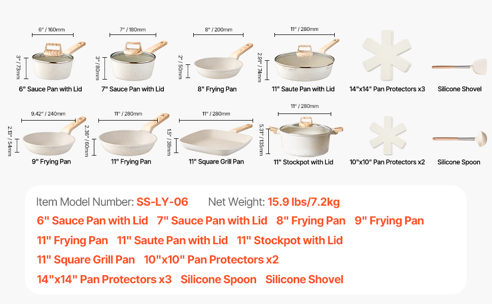 Набір каструль та сковорідок VEVOR з нержавіючої сталі (19 предметів) з кришками з термостійкого скла, антипригарне покриття, для кухні та кемпінгу, підходить для приготування соусів, тушкування та варіння (білий)