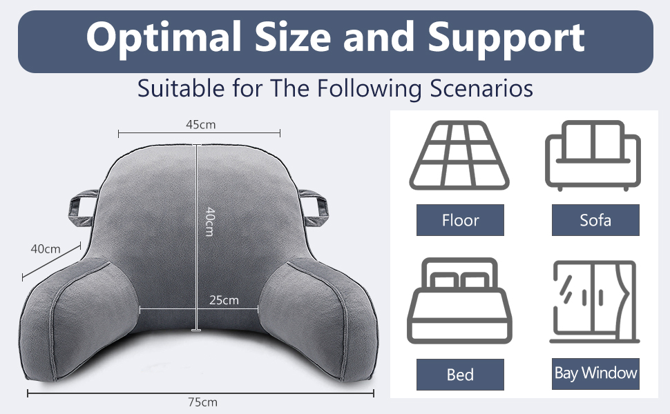 Лежак-крісло для читання, подушка для відпочинку в ліжку для дорослих та дітей, м'яка спинка з підлокітниками, кишенями та ручкою, сірий колір