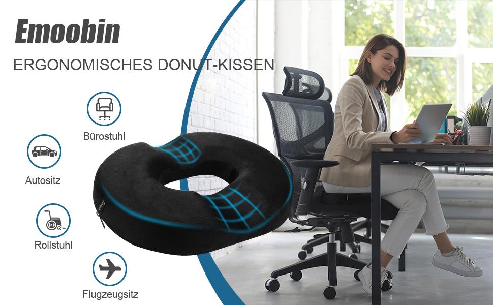 Ергономічна подушка-кільце Donut для офісних стільців та дому, протипролежневий пом'якшувач тиску при тривалому сидінні, 45 см, чорна