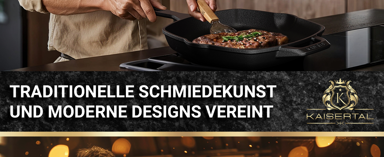 Сковорода-гриль KaiserTal з чавуну 27 см – для стейків та смаження на грилі – сумісна з індукцією, газом та духовкою