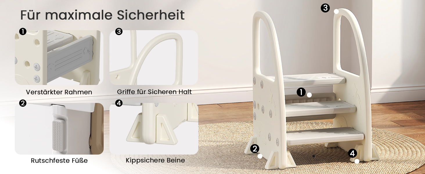 Дитячий табурет Hoopyosms Tritthocker з ручкою, сірий. Безпечний, з 2/3 сходинками для ванної, кухні та туалету