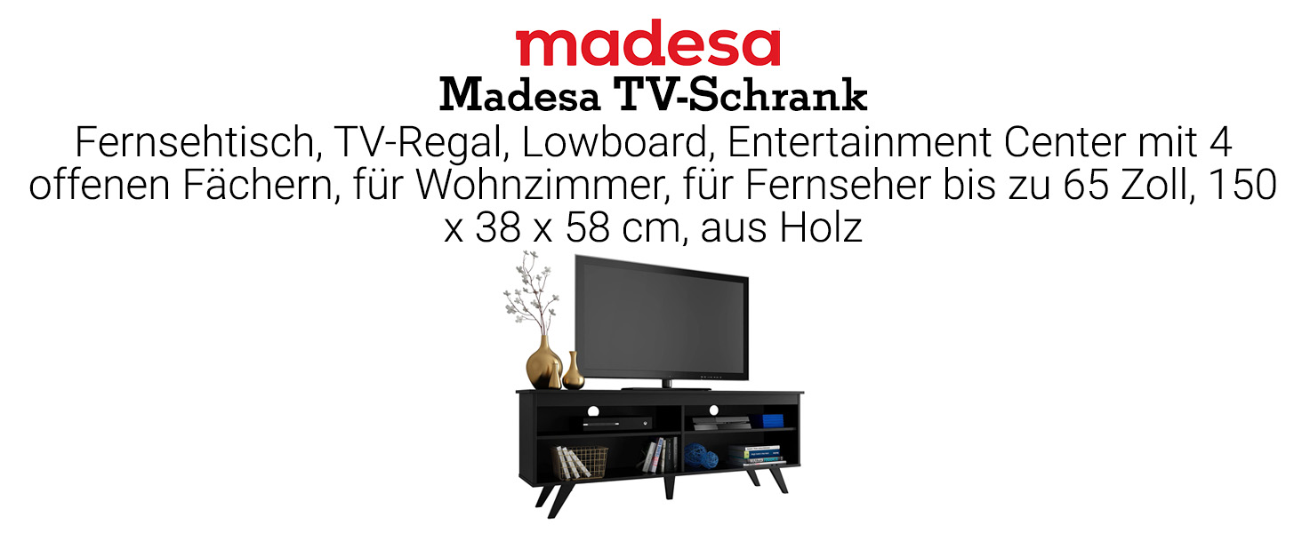 Тумба під телевізор Madesa, тумба під телевізор до 65 дюймів, для вітальні та спальні, 150 х 38 х 58 см, з дерева чорний