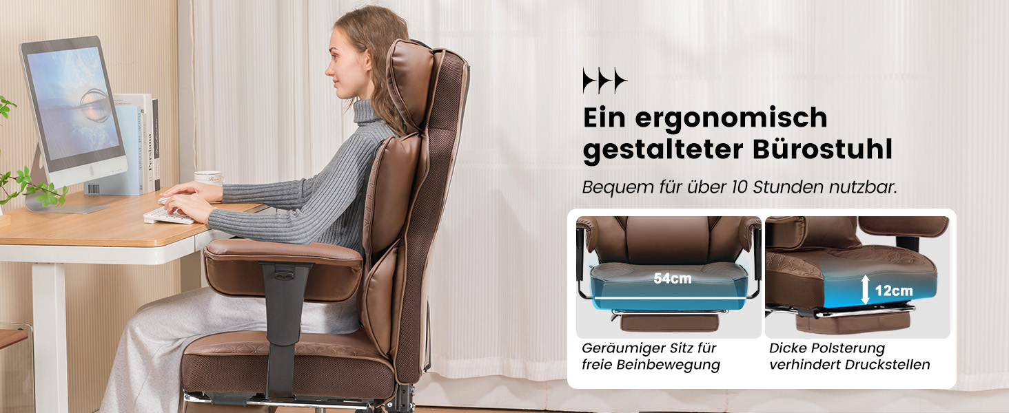 Ігровий крісло COMHOMA з ергономічною підтримкою спини, регульованими підлокітниками та широким сидінням (колір: коричневий)