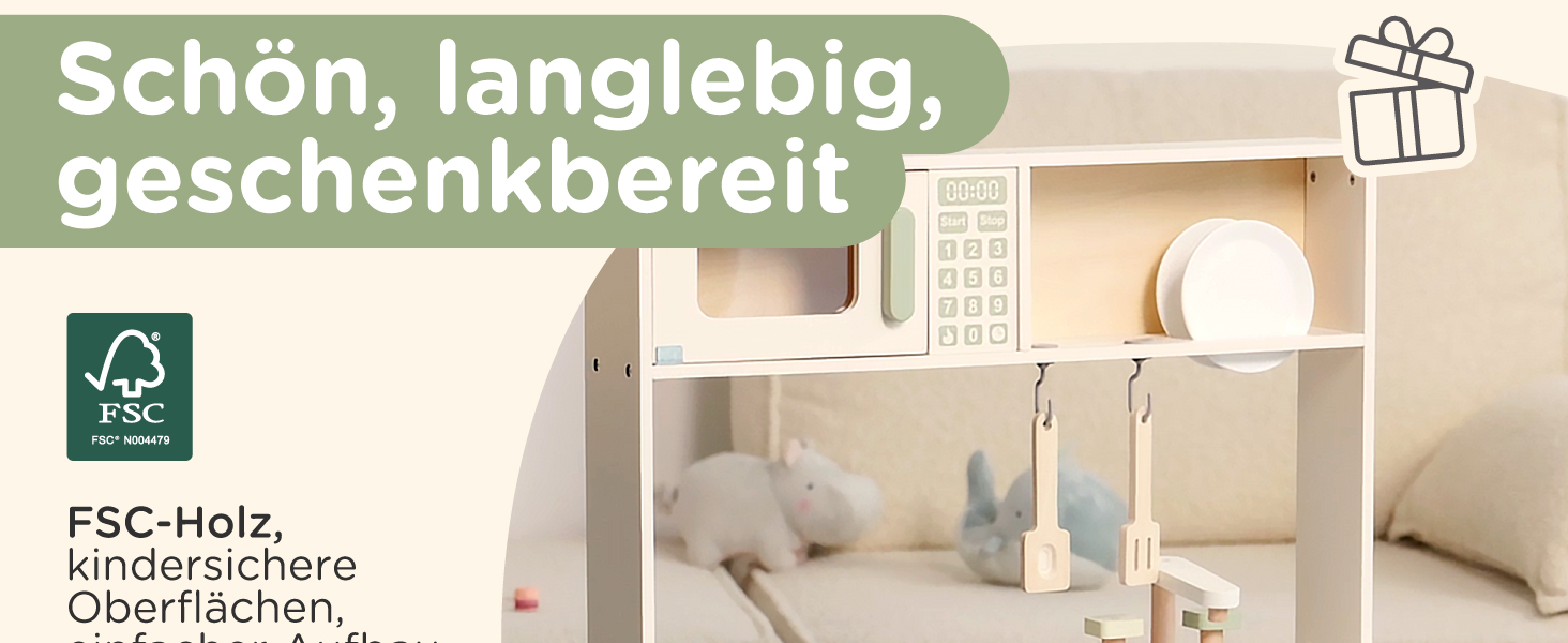 Дерев'яна дитяча кухня Nene Toys – іграшковий кухонний набір з підсвіткою та звуком, мийка, кран, мікрохвильова піч, духовка, полиці, гачки + аксесуари – іграшка Монтессорі від 3 років – подарунок для дівчаток та хлопчиків