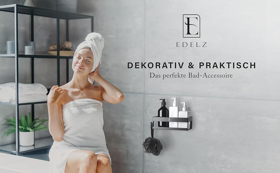 Поличка для душу Bad Duschablage без свердління - тримач для шампуню з нержавіючої сталі з оригінальними клейкими панелями 3M, 2 рухомі гачки, додатковий тримач для бритви (Чорний нержавіюча сталь)