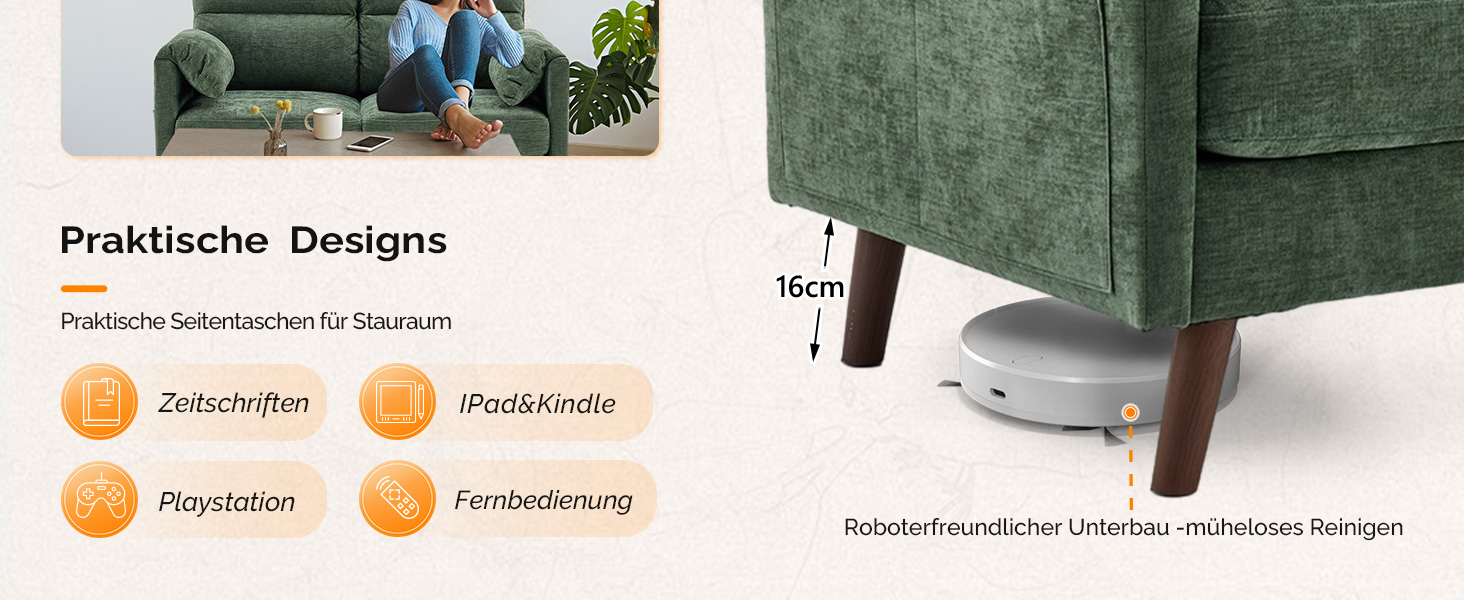 Диван Bonnlo 2-місний, компактний, 125 см, тканинний диван з м'якими підлокітниками, для офісу, вітальні, спальні, кабінету, легка збірка, льон, зелений