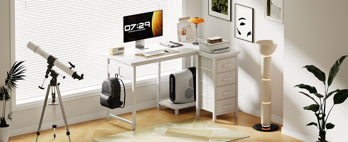 Комп'ютерний стіл кутовий Coleshome 100x70 см з 4 шухлядами, білий. Для офісу, кабінету, спальні