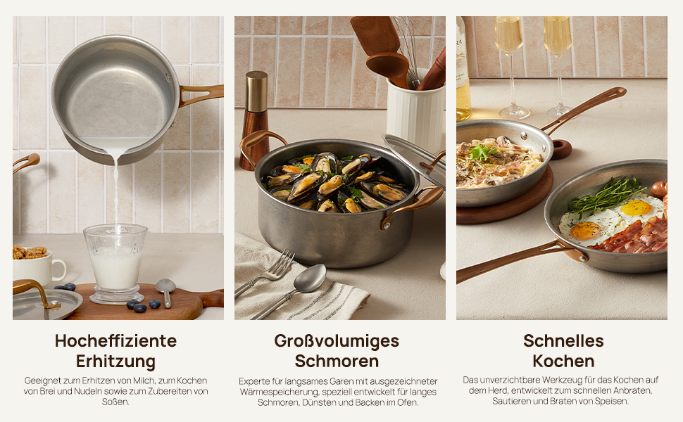 Набір каструль KOKHUB 8 шт. з нержавіючої сталі для індукційних плит, вінтажний набір каструль та сковорідок без покриття, PFOA/PFAS/PTFE-free, набір каструль з кришками для всіх типів плит, безпечний для духовки та мийки