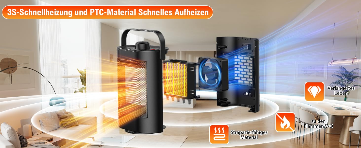 Керамічний електричний обігрівач YAZEKY 1500W — енергоощадний безшумний тепловентилятор з 3 режимами швидкості, захистом від перегріву та перекидання, для ванної, офісу та спальні, чорний