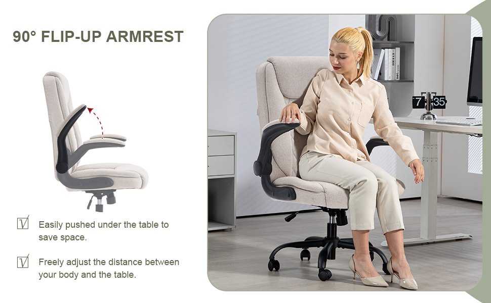 CASTLOVE Ергономічне крісло для офісу, комп'ютерне крісло, крісло для начальника з підйомними підлокітниками, висока спинка, функція гойдання, регульована висота, зручне, офісне крісло для дому, офісу, тканина, кремовий колір