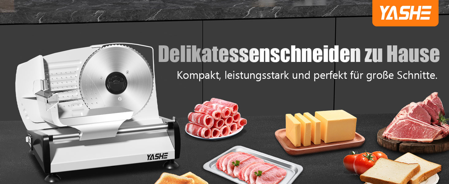Електричний слайсер YASHE 200W з нержавіючою сталлю, 19 см, регулювання товщини 0-15 мм, для м'яса, сиру, хліба та овочів