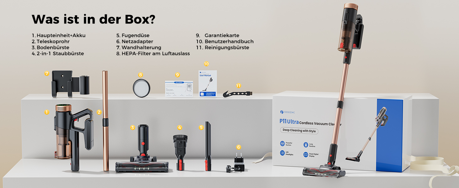 Proscenic P11 Ultra: Акумуляторний пилосос бездротовий, легкий, з турбо-режимом 50Kpa, 50хв роботи, сенсорний екран, для килимів, паркету, авто, шерсті тварин - золотий