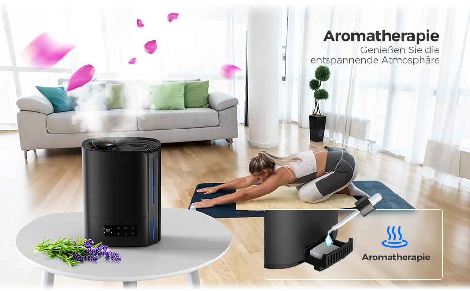 Зволожувач повітря AROEVE 6л для спальні, дитячої, кімнатних рослин, з аромадифузором, ультразвуковий, тихий (60 годин), чорний