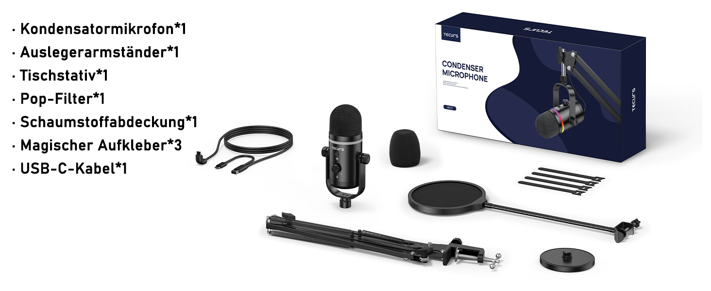 TECURS Мікрофон USB для ігор з RGB підсвічуванням, шумозаглушенням та студійним звуком – для стрімінгу, подкастів, PC, Mac, PS4, консолі, чорний