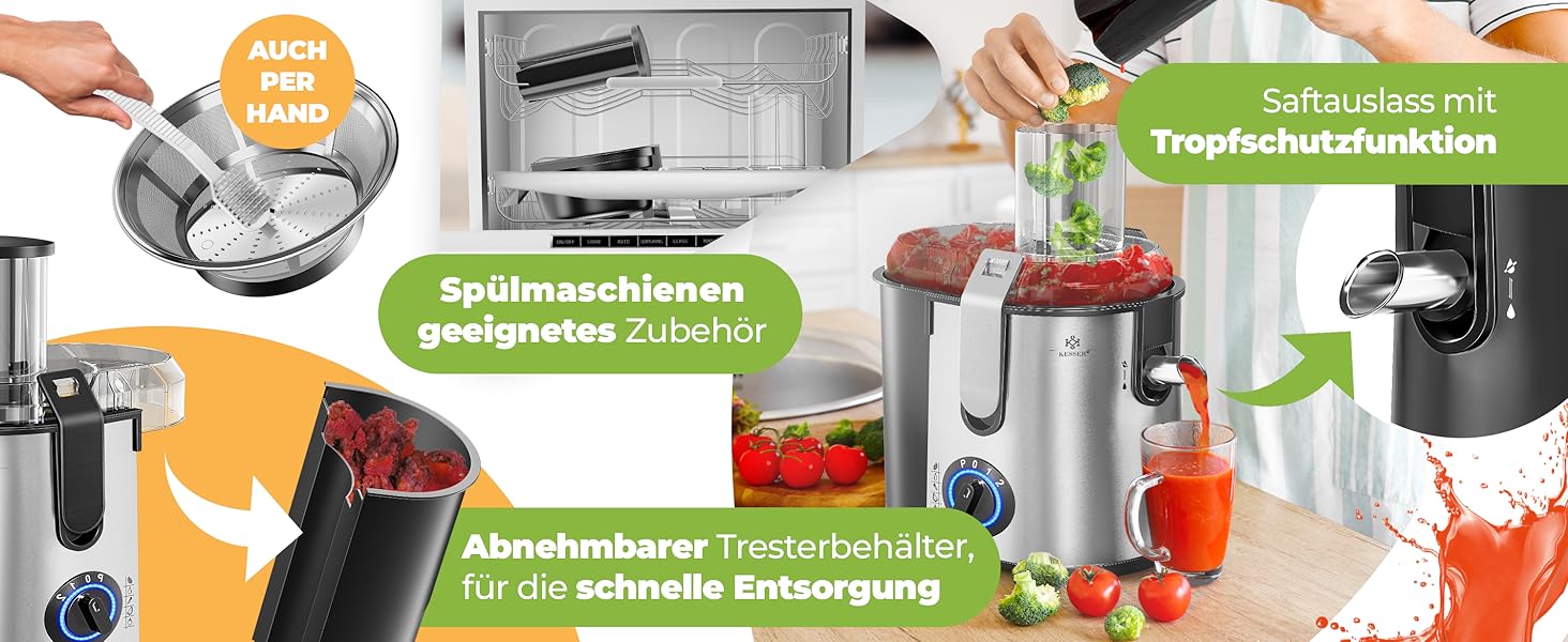 KESSER® Електрична центрифужна соковитискачка для фруктів та овочів з нержавіючої сталі 1100W, велика завантажувальна трубка, 3 швидкості, сірий/срібний колір