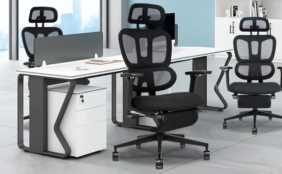 Ергономічне крісло для офісу з підніжкою, висока спинка, 2D підголівник, відкидні підлокітники, сидіння з губки, сітчастий офісний крісло, крісло для начальника, комп'ютерне крісло для дорослих, чорне