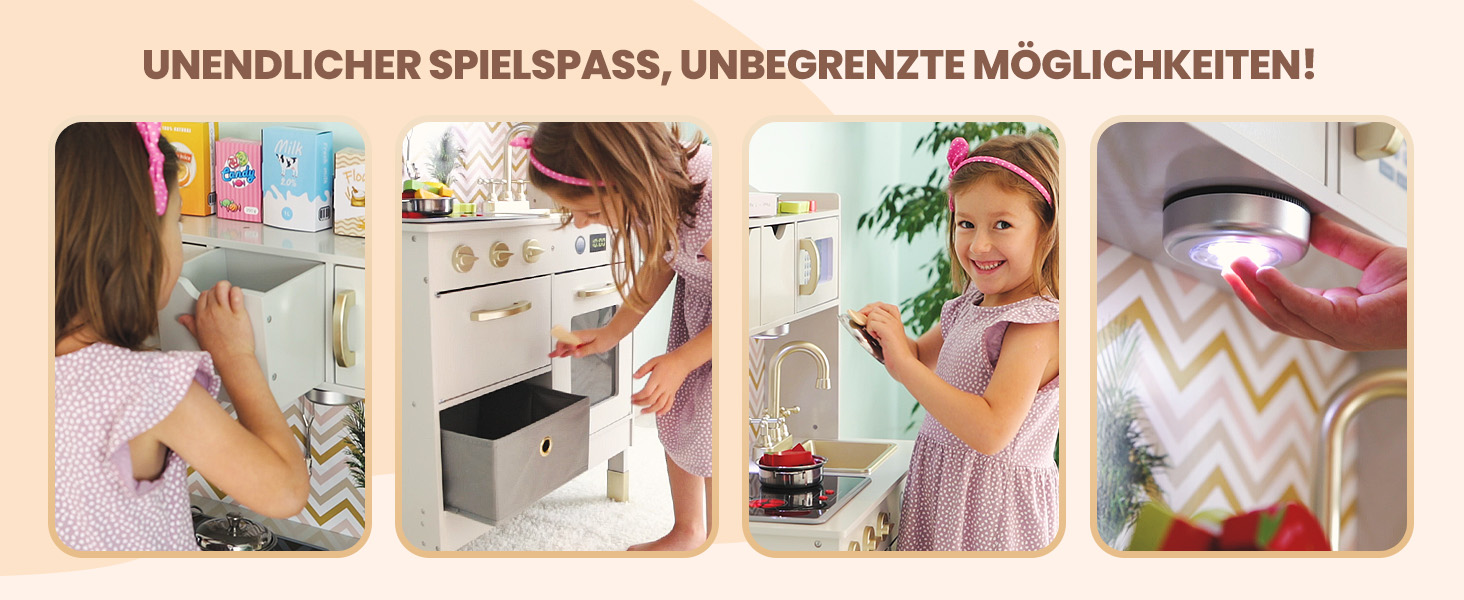 Дерев'яна дитяча кухня Kinderplay з LED та звуками приготування їжі – регульована висота 92–107 см – іграшкова кухня для ролевих ігор від 3 років – повний комплект з аксесуарами, світло-сірий колір Elegant - світло-сірий