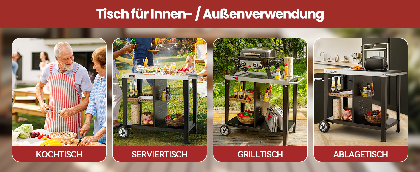 Роял Гормет: Робоча поверхня для гриля 85x50 см з нержавіючої сталі, візок на 3 яруси для гриля та піци, з ручками, тримачем для сміття та полицями для зберігання, легко миється та мобільний