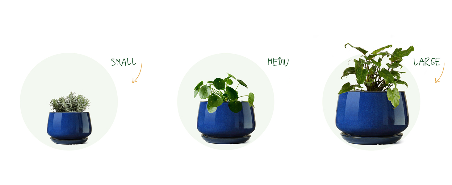 Керамічні горщики LE TAUCI з підставкою, 10+13+16 см, набір з 3 горщиків для кімнатних рослин, з дренажним отвором, колір Сафіровий Блакитний