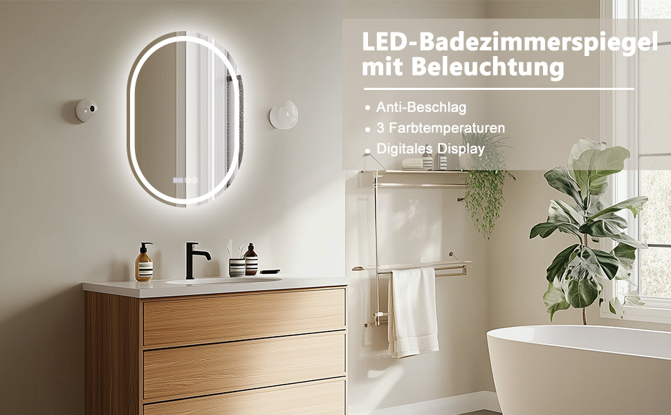 Дзеркало для ванної кімнати Trintion з підсвічуванням, 50x70 см, овальне, з годинником та сенсорним вимикачем, антизапотівальне, диммер, 3 кольори світла (3500K-6500K)